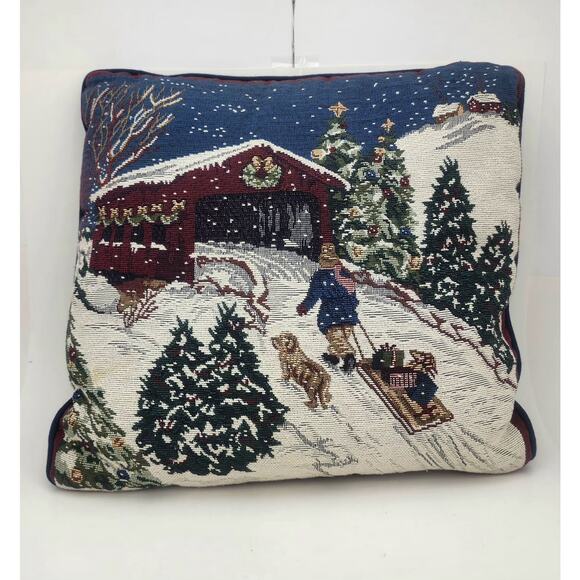 Christmas Tapestry Throw pillow 14" sleigh boy dog bridge - Picture 1 of 4
